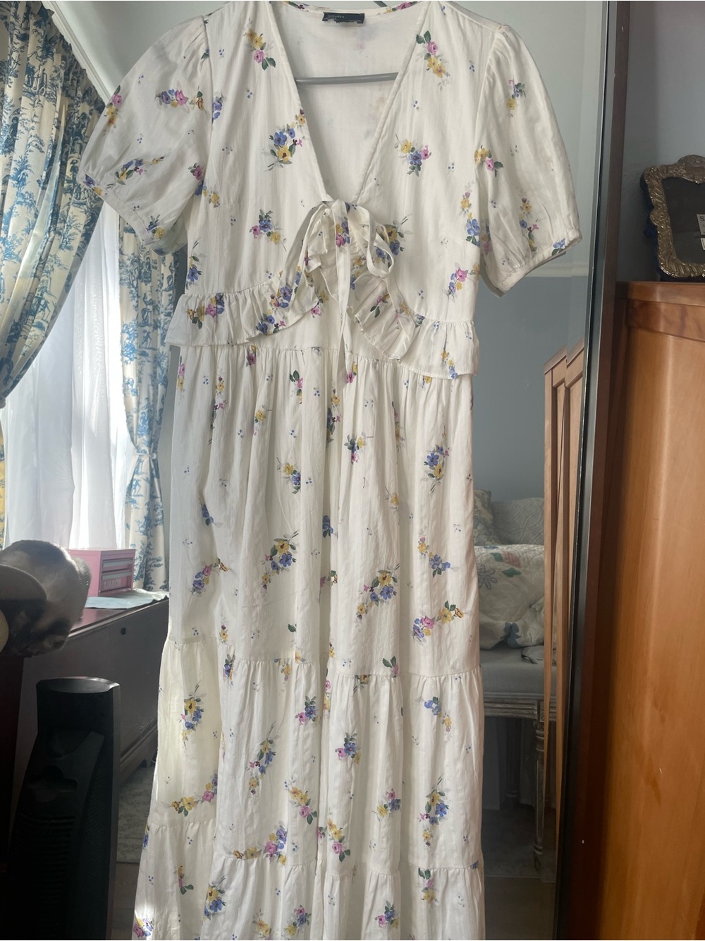 Ivory Floral Tie-Front Maxi Dress with Puff Sleeves